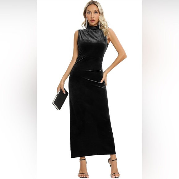 Capuffy  Velvet Maxi Dress Sexy Split Ruched Bodycon Dress Velvet Open Back Sz S - Picture 4 of 15